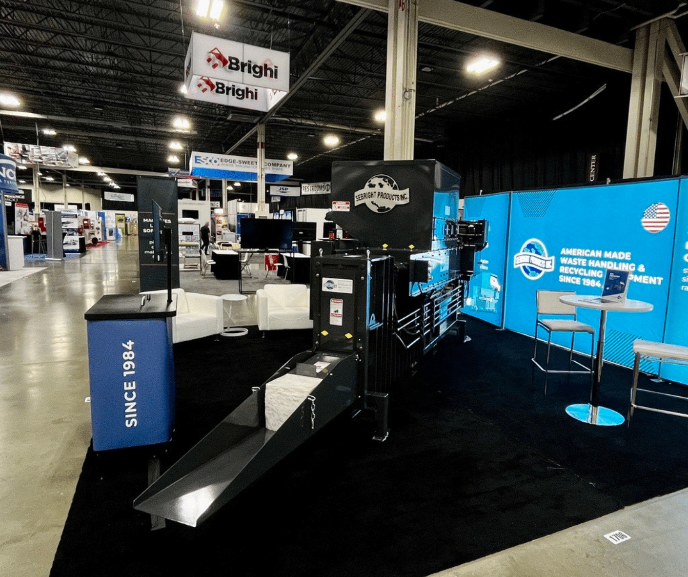 Sebright Products, Inc. at a waste management & recycling event, 2024 Foam Expo highlighting the D10 EPS Densifier.
